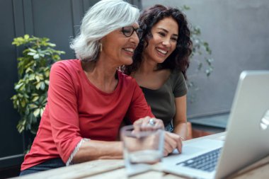 Moda büyükannesi ve güzel torununun bahçede bir bankta dizüstü bilgisayar kullanırken konuştuğu bir fotoğraf..