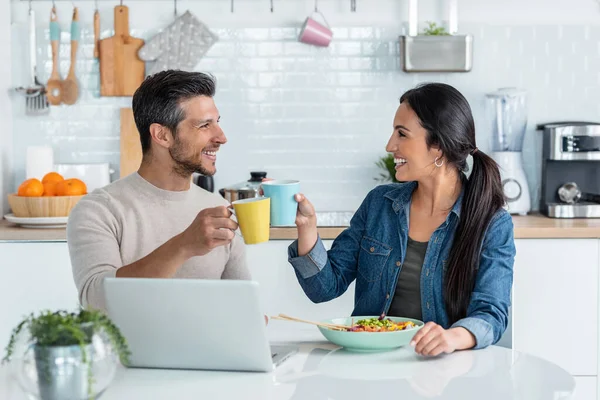 Shot Beautiful Lovely Couple Using Laptop Searching Voyage While Toasting — Stock Photo, Image