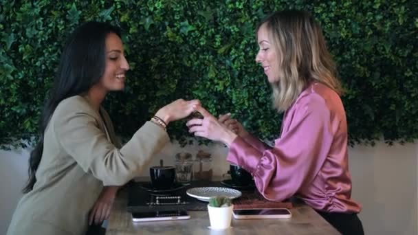 Vídeo Meninas Encantadoras Casal Compartilhando Brunch Juntos Enquanto Conversa Sentado — Vídeo de Stock