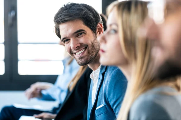 Shot Confident Business Team Listening Conference While Sitting Coworking Space — Foto de Stock