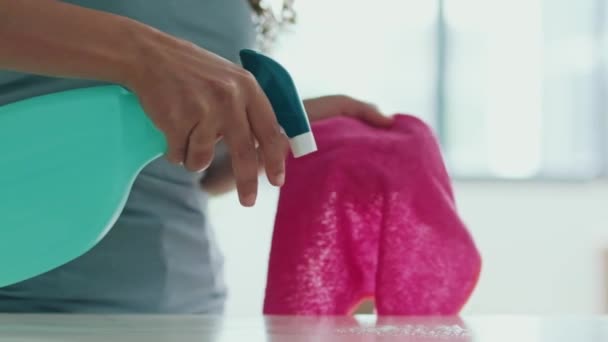 Video Young Woman Protective Gloves Wiping Dust Using Spray Cloth — Stock Video