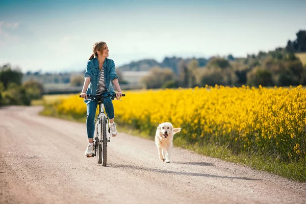 レイプフィールドを通って公園で彼女の犬を歩いている間 美しい若い女の子が自転車に乗ってのショット — ストック写真