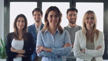 Modern başlangıçta kameraya poz veren ve bakan başarılı iş çok-yaş takımının videosu.