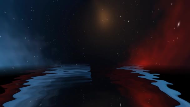 Ruimteheelal met sterren en sterrenstelsels weerspiegeld in water — Stockvideo