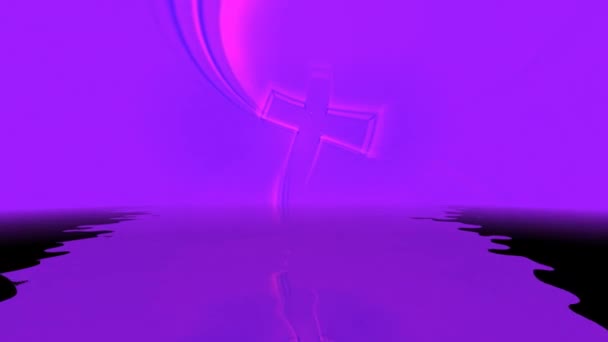 3D neon brilho cruz girar sobre azul refletindo na água — Vídeo de Stock