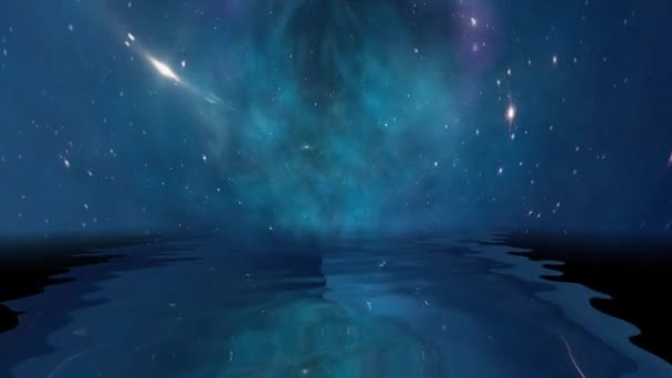 Weltraum-Universum mit Sternen und Galaxien, die sich im Wasser spiegeln — Stockvideo