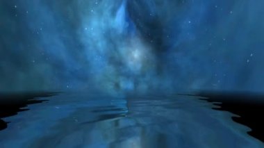 Yıldızları ve galaksileri olan uzay evreni suya yansıyor