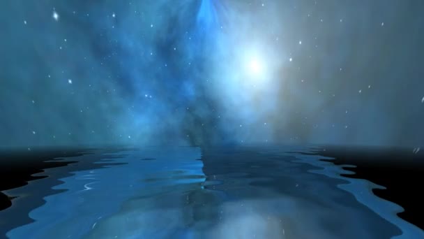 Vesmír s hvězdami a galaxiemi se odráží ve vodě — Stock video