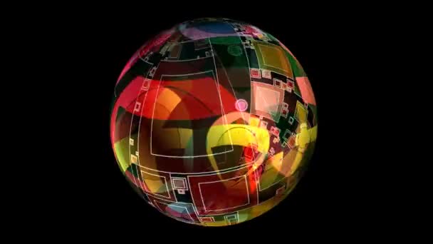 Formas geométricas abstratas e elementos na esfera rotativa — Vídeo de Stock