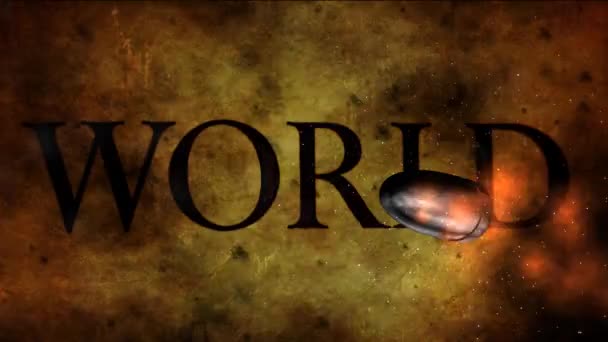 Kugel in Zeitlupe gegen Grunge-Welt-Text — Stockvideo