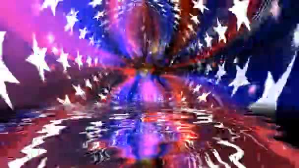 Coloridas estrellas giratorias concéntricas reflejadas en el agua — Vídeos de Stock