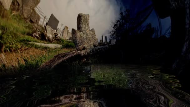 Old Abandon Cemetery Reflected Water — Stock Video