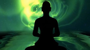 Meditasyondaki Budist keşiş enerji arka planına karşı poz veriyor