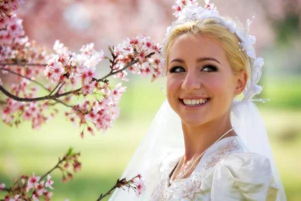 Sorrisos de noiva ao lado de árvore de flor de cereja — Fotografia de Stock