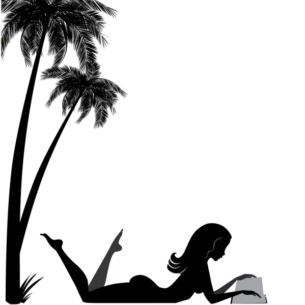 Chica con libro cerca de palmeras — Vector de stock