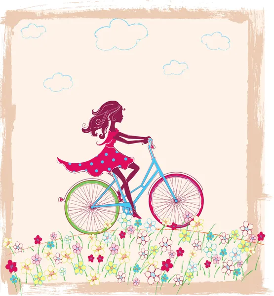 Silhouette eines Mädchens auf dem Fahrrad — Stockvektor