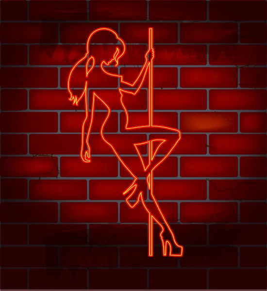 An illuminated neon sign for a strip club mounted on a brick wall — Stock Vector