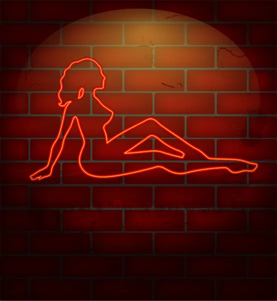 An illuminated neon sign for a strip club mounted on a brick wall — Stock Vector