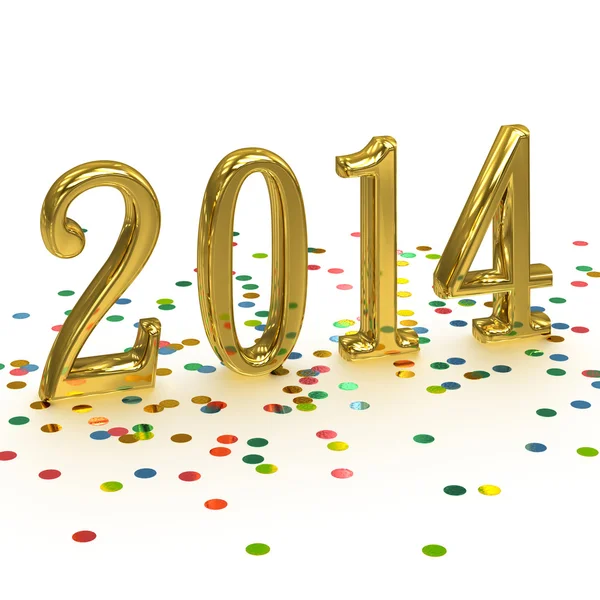 3D Gold Year 2014 on white background with confetti — Stock Photo, Image
