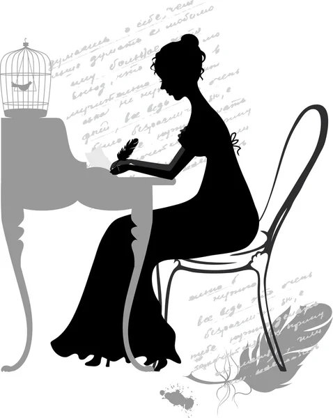 Illustratie van retro meisje, een veer pen brief te schrijven — Stockvector