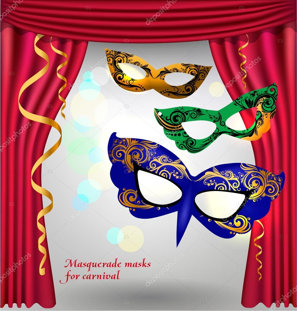 Red opened theater curtain with three luxury masks for masquerade