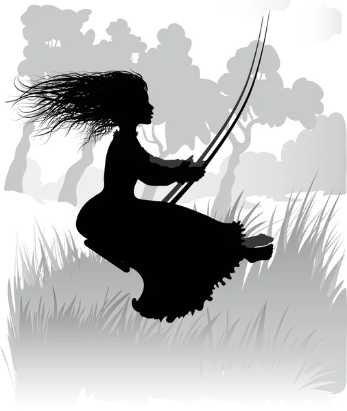 Vector Silhouette of a little girl on a swing — Stock Vector