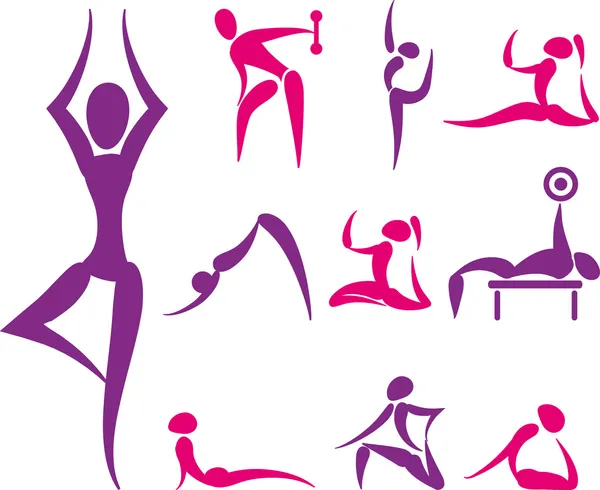 Set van hand getrokken gekleurde pictogrammen yoga en sport — Stockvector