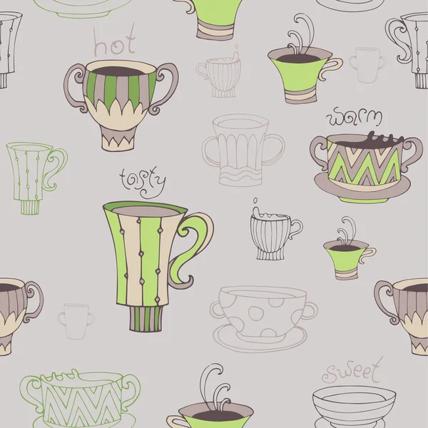 Fondo sin costuras con tazas de café dibujadas a mano — Archivo Imágenes Vectoriales