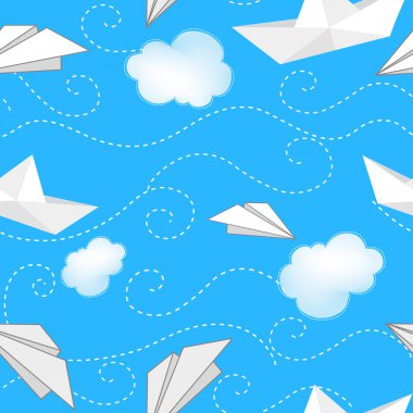 Background with paper ships, planes and clouds clipart