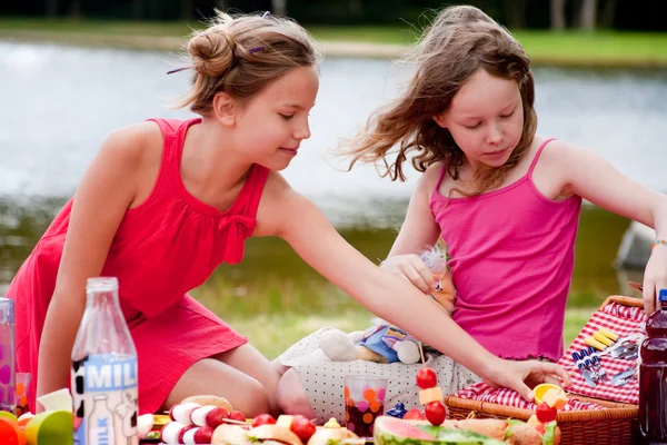 Młode dziewczyny i pole piknik — Zdjęcie stockowe