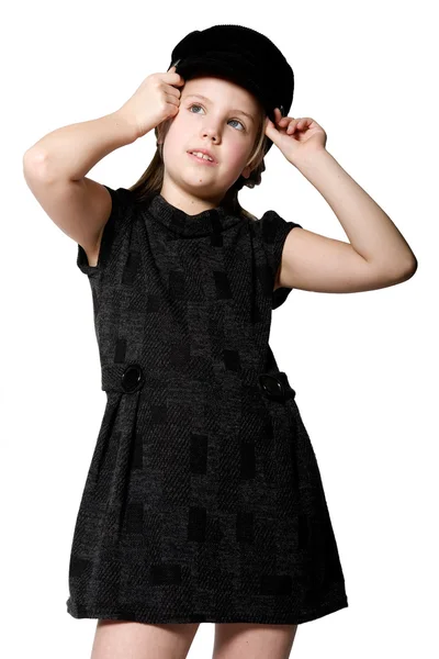 Criança loira em roupa preta — Fotografia de Stock
