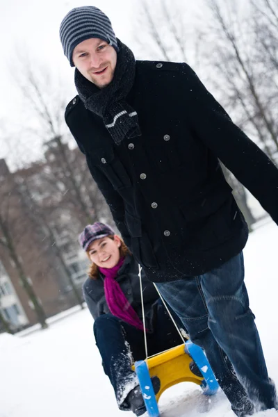 Winter couple in a sled ride — Stock Photo, Image