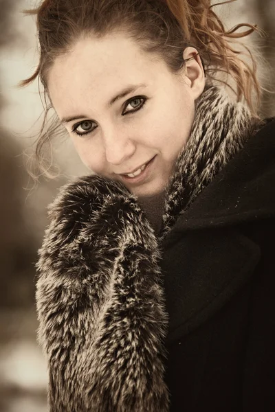 Brownish portrait of beauty in winter coat — Stock Photo, Image