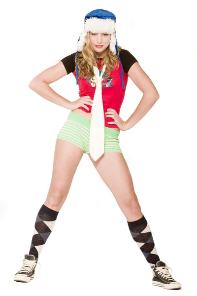Idiot Posing Girl with christmas hat — Stock Photo, Image