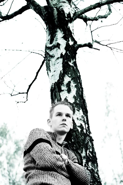 Rapaz e a árvore morta — Fotografia de Stock