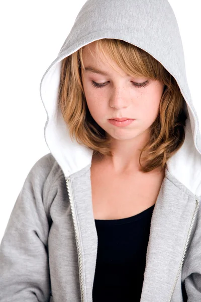 Thinking over my sins in hooded sweater — Stock Photo, Image