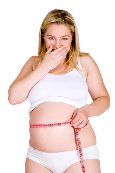Suprised about the size of my belly while meassuring — Stock Photo, Image