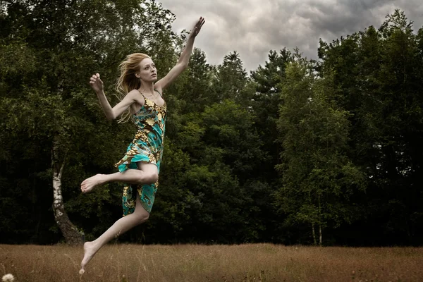 Jumping in the field — Stock Photo, Image