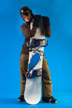 Woman with long curly hair presenting her snowboard clipart