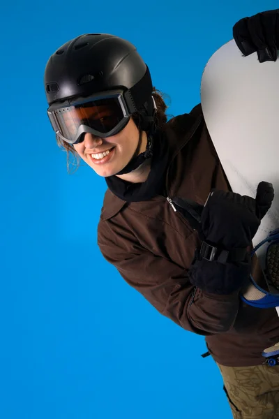 Kadın snowboard ekipman ile — Stok fotoğraf