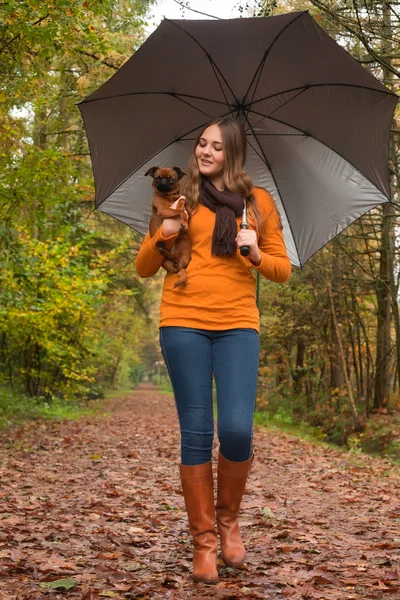 Caminhando com o cão e guarda-chuva — Fotografia de Stock