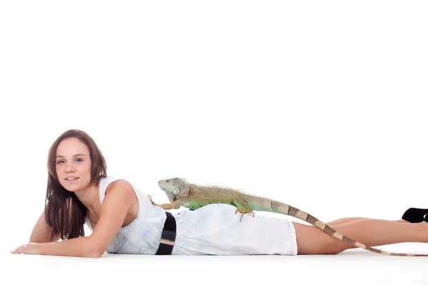 Girl with her iguana — Stock Photo, Image