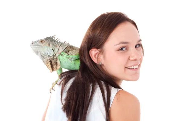 Flicka med en iguana — Stockfoto