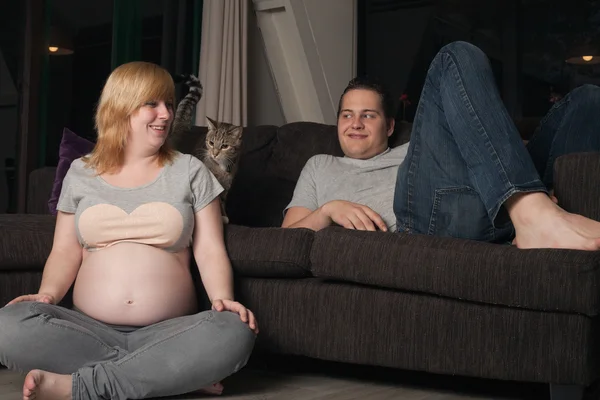 Pregnant couple with the cat at home — Stock Photo, Image