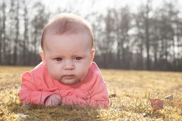 Baby på gräset i solen — Stockfoto