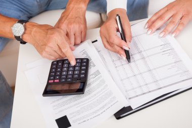 Excited middle-aged couple doing finances at home