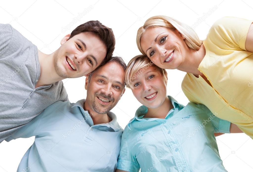 Happy family looking down