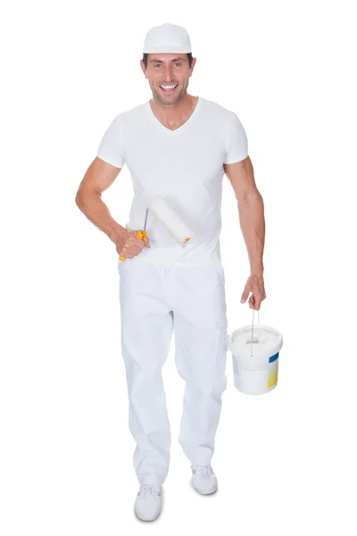 Painter Holding A Paint Roller And Bucket — Stock Photo, Image