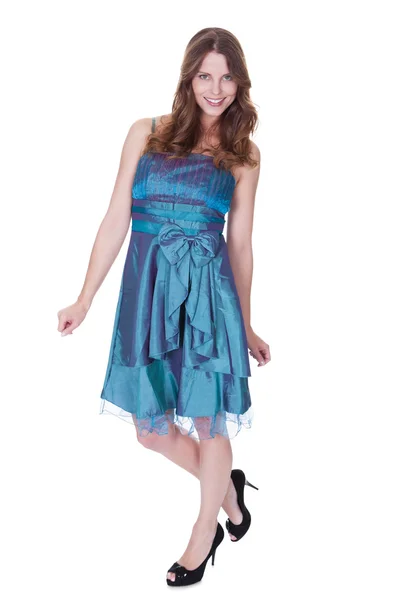 Attractive fashion model in blue dress — Stock Photo, Image