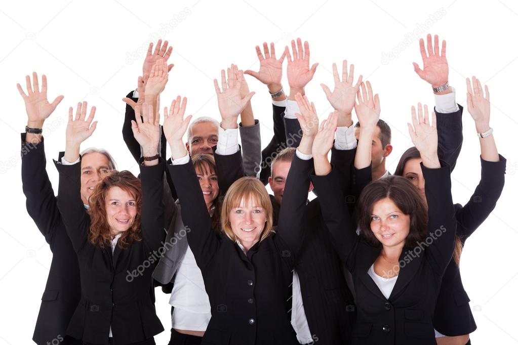 Group of business waving in acknowledgment